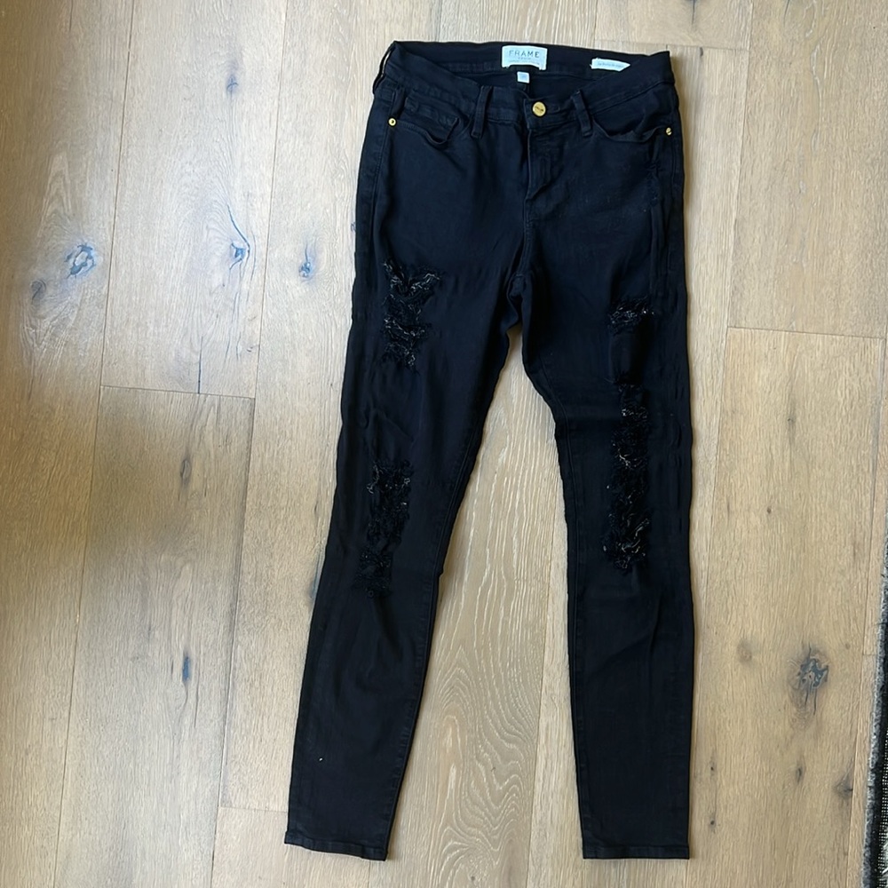 FRAME Le Skinny de Jeanne Ripped Jeans - Film Noir Size 29 - Picture 2 of 7